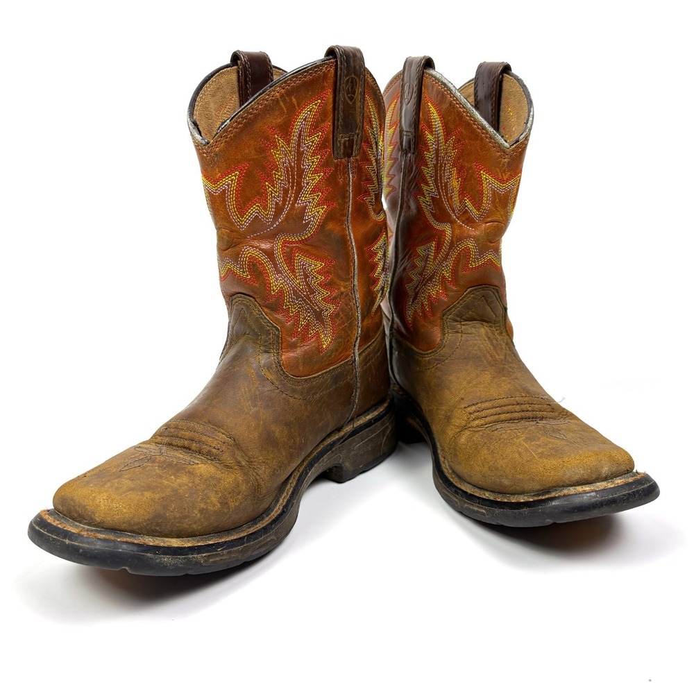 Ariat Kids WorkHog Square Toe Boots Sz 1.5‎ Brown Red Flame Embroidery Western